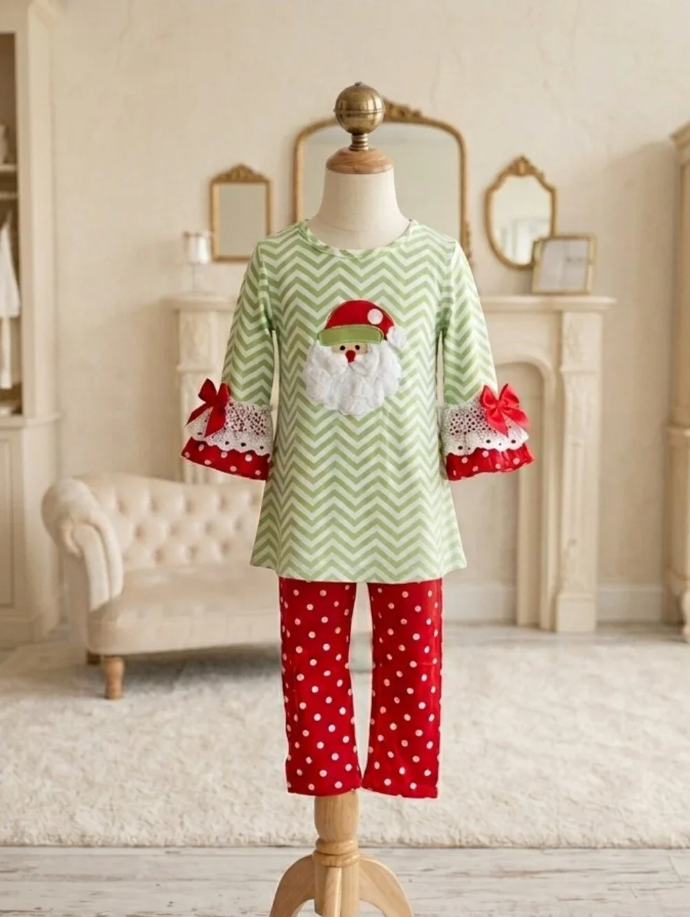 BaaBee Santa Appliqué Top & Polka Dot Leggings Set | Size 6–7